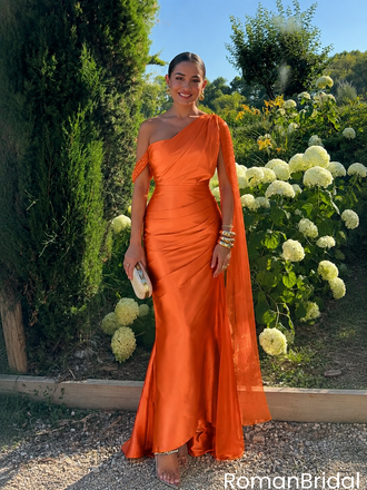 Stunning Burnt Orange One Shoulder Sleeveless Mermaid Long Satin Prom Dress ,OLP2396