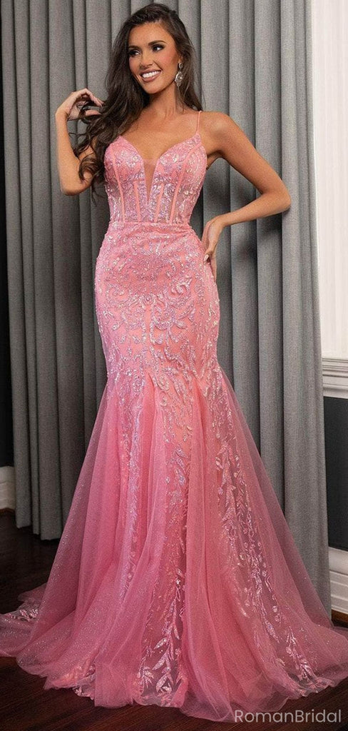 Classy Rose Pink Sequin Prom Gown V-Neck Sparkly Mermaid Formal Wear,OLP1790