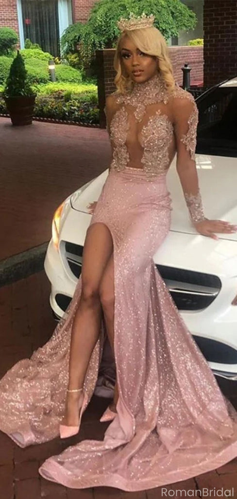 Unique Pink Halter Long Sleeve Mermaid Long Prom Dress Ideas, Evening Party Dresses, OLP1550