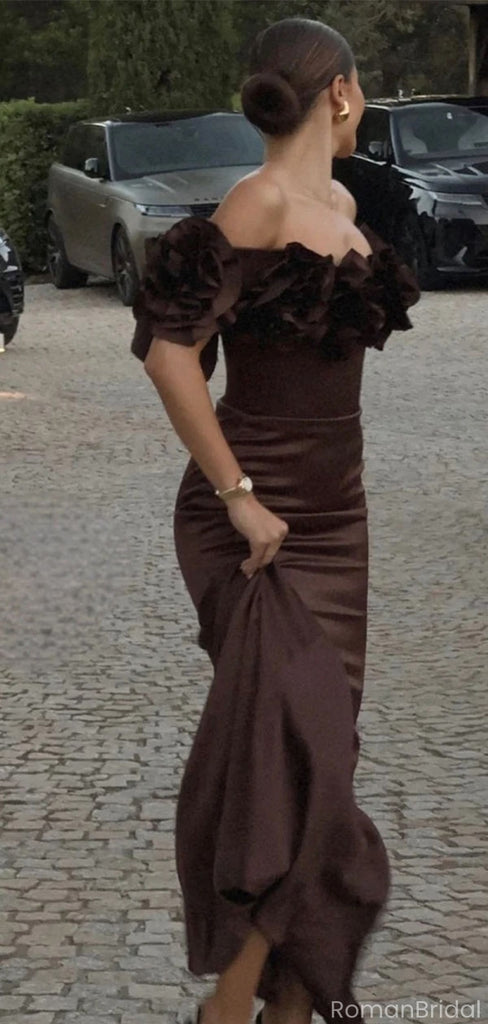 Elegant Brown Off-Shoulder Mermaid Floral Long Prom Dress Ideas, Evening Party Dresses, OLP1387