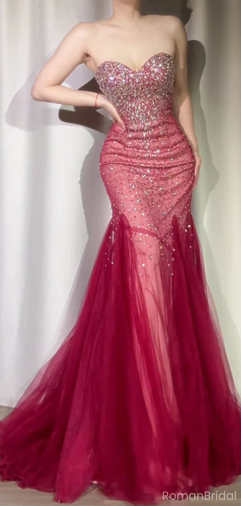 Sparkly Red Sweetheart Mermaid Long Prom Dress Ideas, Evening Party Dresses, OLP1668