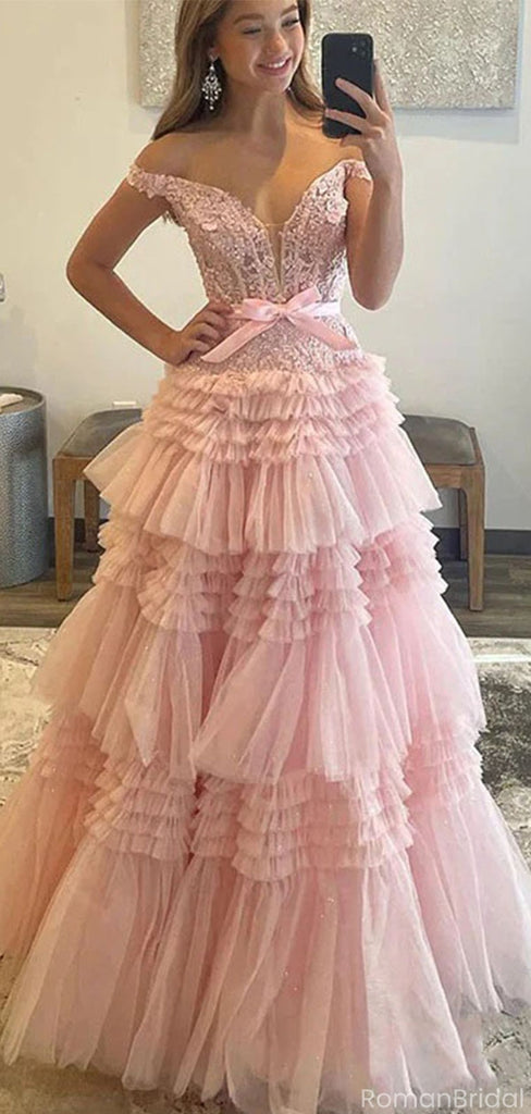 Fancy Tiered Ruffle Tulle Ball Gown Prom Dress with Beaded Off-Shoulder Top,OLP1811