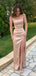 Classy Champagne Satin Prom Dress Sexy Spaghetti Strap High Slit Ruched Formal Gown,OLP1719