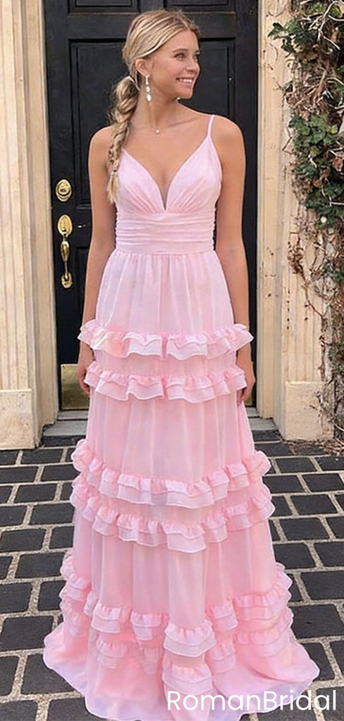 Modern Pink V-Neck Chiffon Prom Dress Tiered Ruffle Skirt Sleeveless Formal Gown,OLP1862