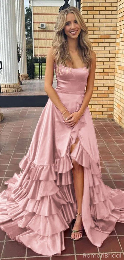 Pretty Rose Pink Spaghetti Strap Satin High Low Prom Dress with Tiered Ruffles,OLP1756