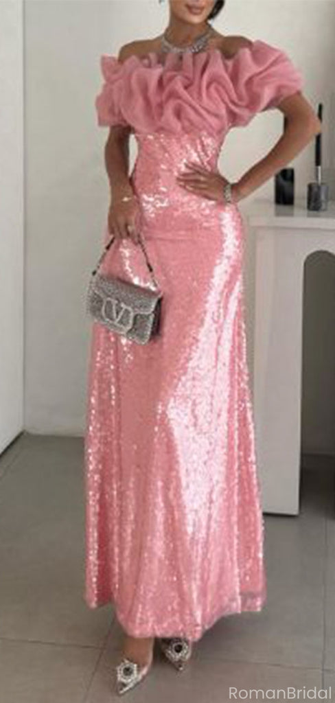 Sparkly Pink Off-Shoulder Floral Mermaid Long Prom Dress Ideas, Evening Party Dresses, OLP1483