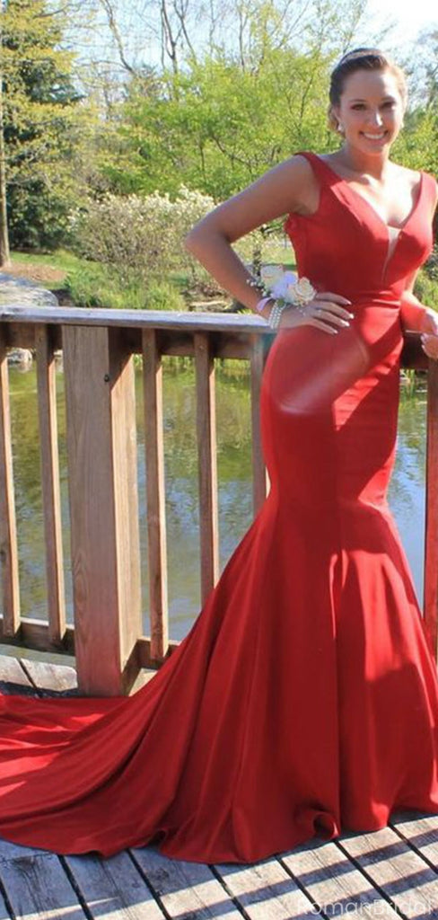Sexy Red V-Neck Mermaid Long Prom Dress Ideas, Evening Party Dresses, OLP1462