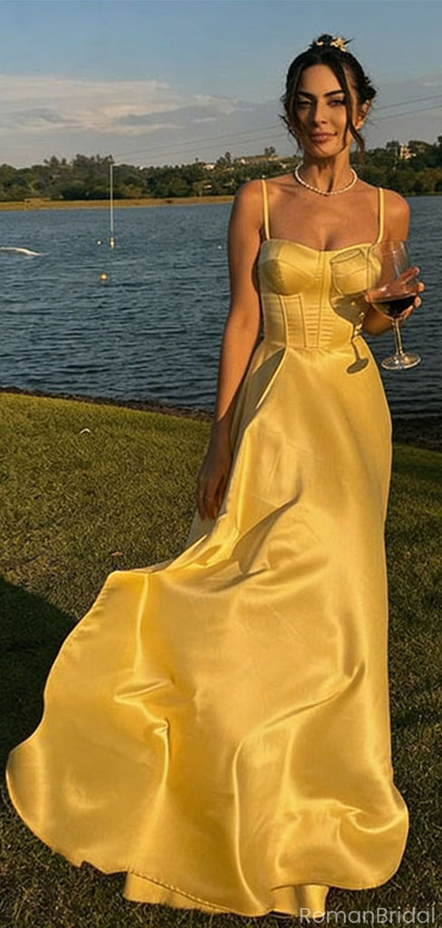Classy Yellow Satin Prom Dress Sleeveless Corset Bodice A-Line Formal Gown,OLP1781