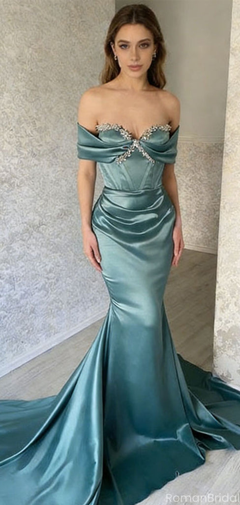Modern Teal Green Satin Prom Gown Off the Shoulder Crystal Beaded Mermaid Formal Dress,OLP1740