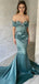 Modern Teal Green Satin Prom Gown Off the Shoulder Crystal Beaded Mermaid Formal Dress,OLP1740