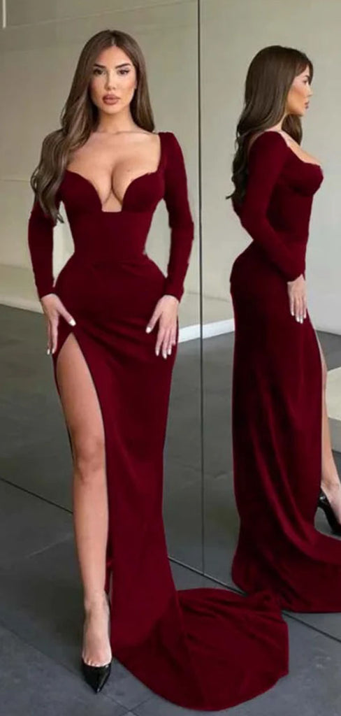 Sexy Red Long Sleeve Mermaid Side Slit Long Prom Dress Ideas, Evening Party Dresses , OLP1213