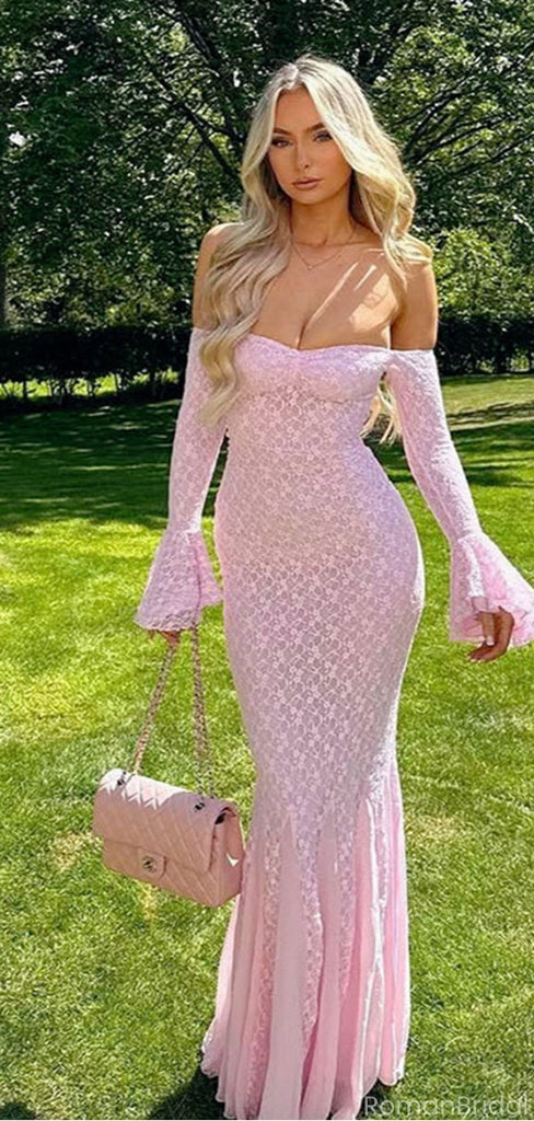 Sexy Pink Off-the-Shoulder Lace Prom Dress with Long Bell Sleeves Mermaid Gown,OLP1839