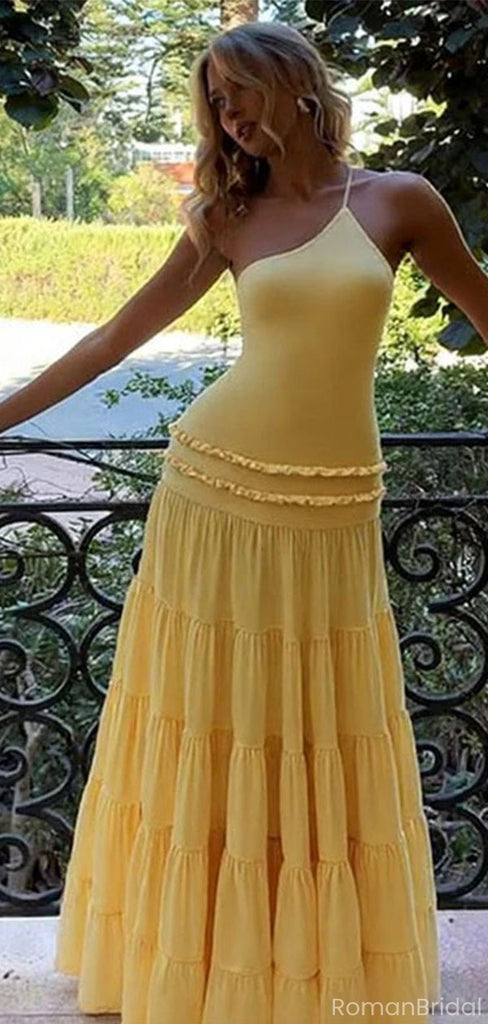 Unique One Shoulder Yellow Tiered Prom Dress Ruffled Waist Summer Style Chiffon Maxi,OLP1763