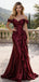 Elegant Burgundy Off Shoulder Satin Shimmer Prom Dress with Ruffled Slit,OLP1775