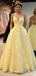 Unique Yellow Lace Ball Gown Prom Dress Pretty V-Neck Spaghetti Strap Puffy Party Dress,OLP1746