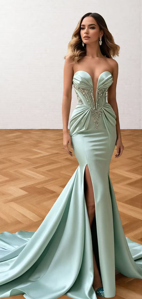 Elegant Green Sweetheart Sleeveless Mermaid Side Slit Long Prom Dress Ideas, Evening Party Dresses ,OLP1192