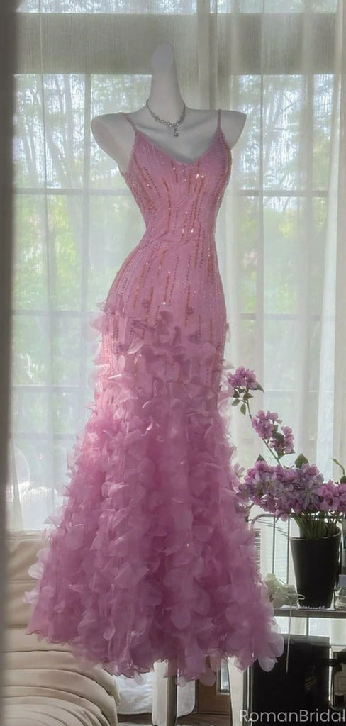 Elegant Pink Spaghetti Strap Mermaid Floral Long Prom Dress Ideas, Evening Party Dresses, OLP1278