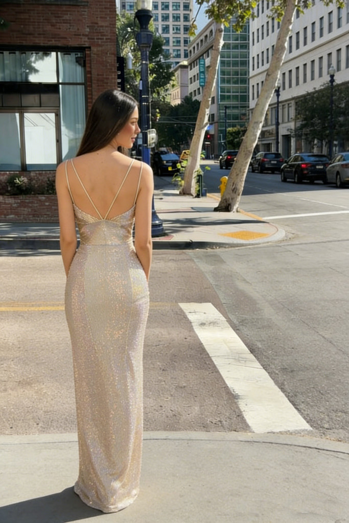 Modern Shimmering Champagne Prom Dress V-Neck Spaghetti Strap Side Slit,OLP1980