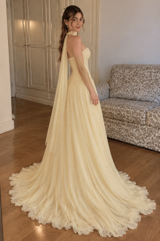 Fancy Yellow Strapless Ruched Chiffon A-Line Prom Dress,OLP2477