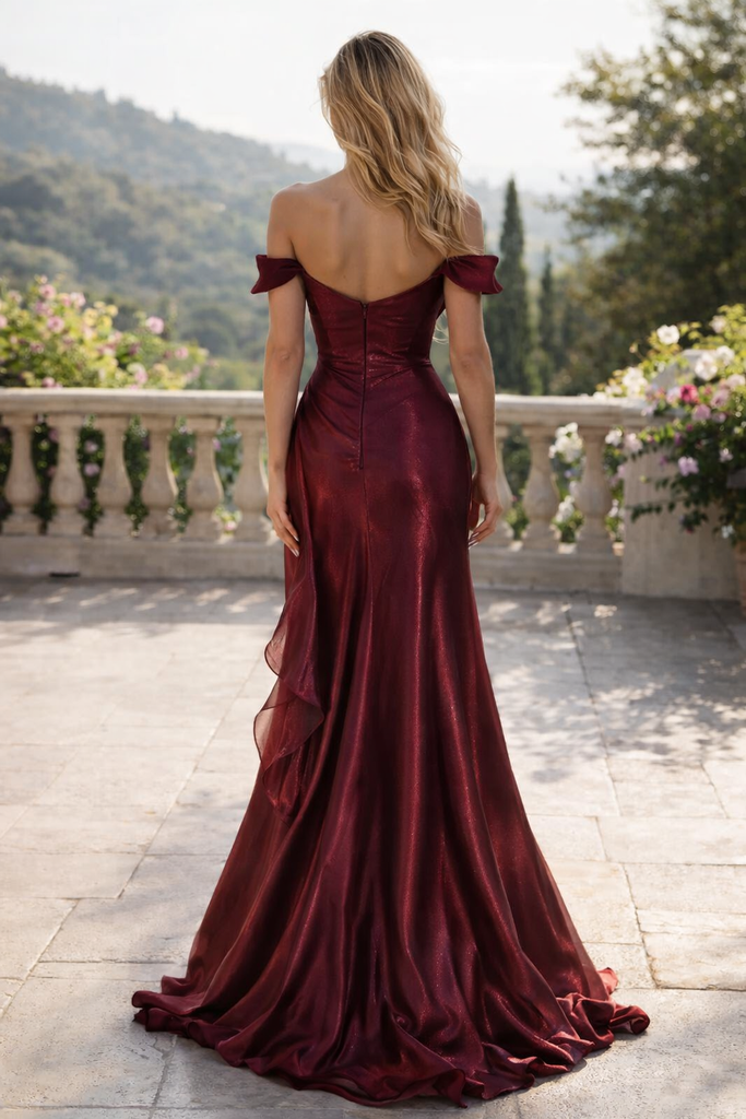 Elegant Burgundy Off Shoulder Satin Shimmer Prom Dress with Ruffled Slit,OLP1775