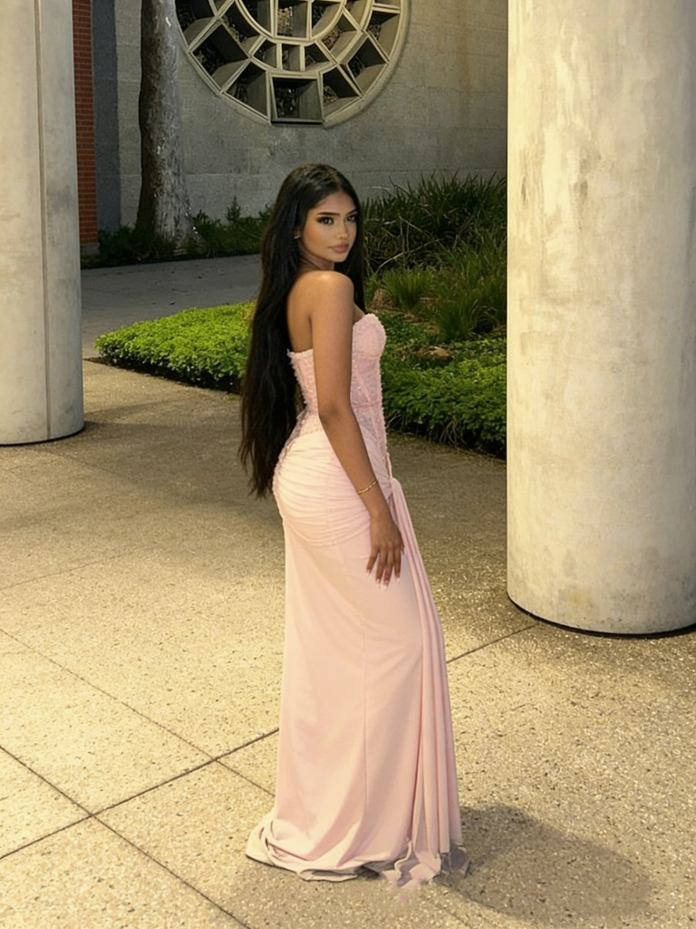 Classy Blush Pink Corset Prom Dress Strapless Ruched Jersey Mermaid Formal Gown,OLP1769