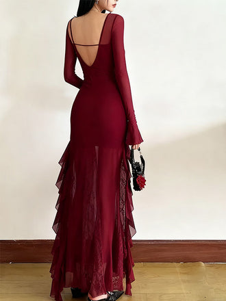 Sexy Red V-Neck Long Sleeve Mermaid Long Prom Dress Ideas, Evening Party Dresses, OLP1309