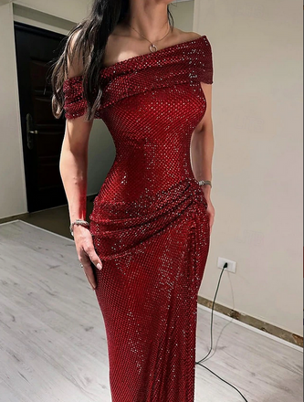 Shiny Red Off-Shoulder Mermaid Sequin Long Prom Dress Ideas, Evening Party Dresses, OLP1331