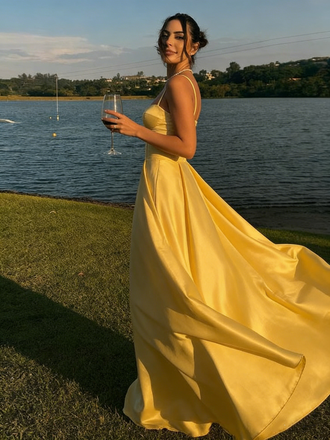 Classy Yellow Satin Prom Dress Sleeveless Corset Bodice A-Line Formal Gown,OLP1781