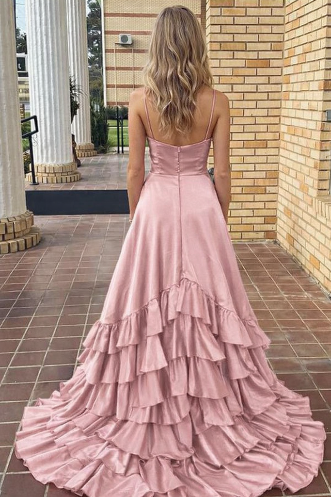 Pretty Rose Pink Spaghetti Strap Satin High Low Prom Dress with Tiered Ruffles,OLP1756