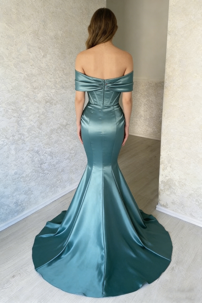 Modern Teal Green Satin Prom Gown Off the Shoulder Crystal Beaded Mermaid Formal Dress,OLP1740