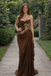 Fancy Chocolate Brown Satin Gala Dress Strapless Gold Lace Applique Gown,OLP1910