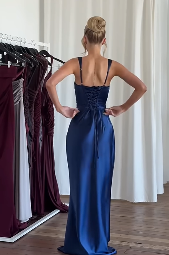 Elegant Navy Blue Spaghetti Strap Mermaid Long Prom Dress Ideas, Evening Party Dresses, OLP1575