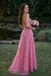 Pretty Pink Tiered Tulle Prom Dress Square Neck Sparkly Lace Ball Gown,OLP2085