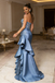 Stunning Steel Blue Mermaid Prom Dress Strapless Embroidered Lace Ruffled Side Slit,OLP1967