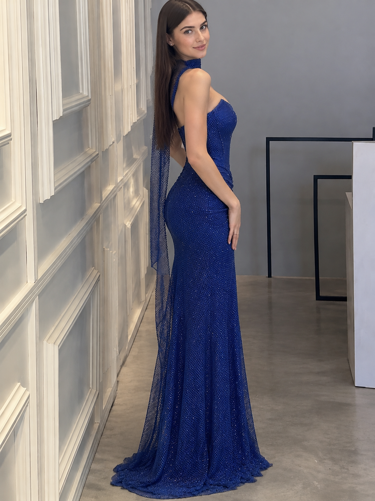 Elegant Royal Blue V Neck Ruched Mermaid Gown Sexy Shimmer Prom Dress,OLP245