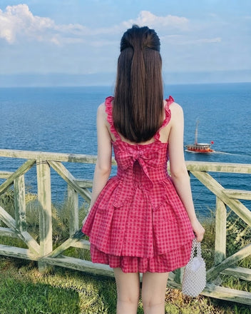 Modern Hot Pink  Bow-Tie Tiered Mini Homecoming Dress Pretty Party Sundress,HD1296