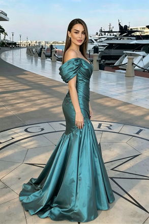 Stunning One-Shoulder Puffy Sleeve Teal Blue Mermaid Prom Dress With Pleats,OLP2216