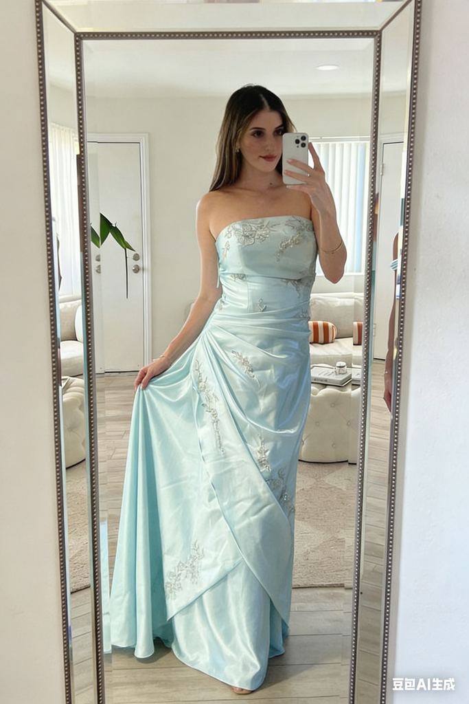 Icy Blue Strapless Prom Gown Floral Embroidery Ruched Satin Mermaid Silhouette,OLP2170