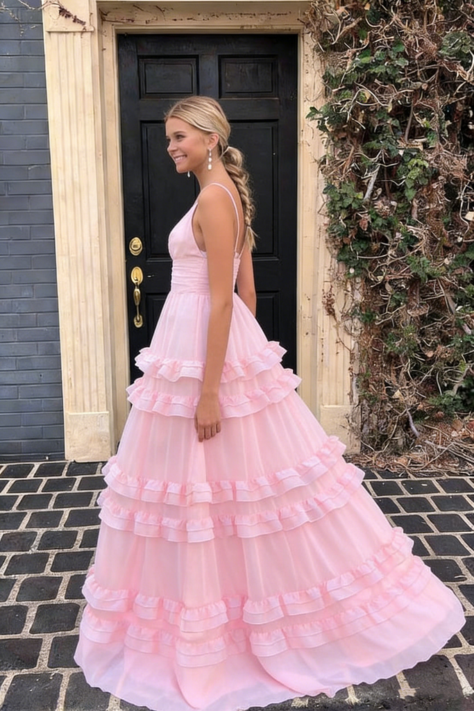 Modern Pink V-Neck Chiffon Prom Dress Tiered Ruffle Skirt Sleeveless Formal Gown,OLP1862