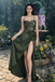 Classy Olive Green Ruched Prom Gown Sexy Side Slit Crystal Strap Wrap,OLP1952