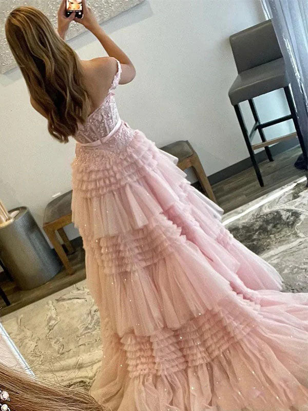 Fancy Tiered Ruffle Tulle Ball Gown Prom Dress with Beaded Off-Shoulder Top,OLP1811