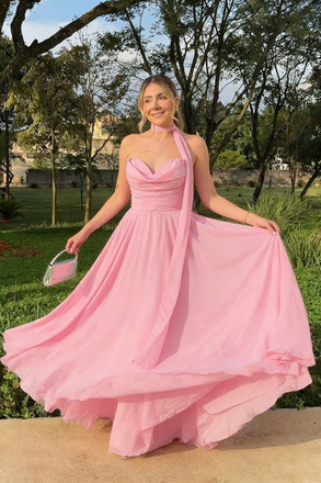 Classy Pink Chiffon Strapless Prom Dress with Matching Scarf and Ruched Bodice,OLP1887
