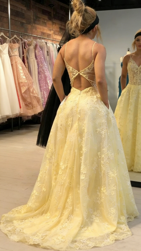 Unique Yellow Lace Ball Gown Prom Dress Pretty V-Neck Spaghetti Strap Puffy Party Dress,OLP1746