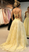 Unique Yellow Lace Ball Gown Prom Dress Pretty V-Neck Spaghetti Strap Puffy Party Dress,OLP1746