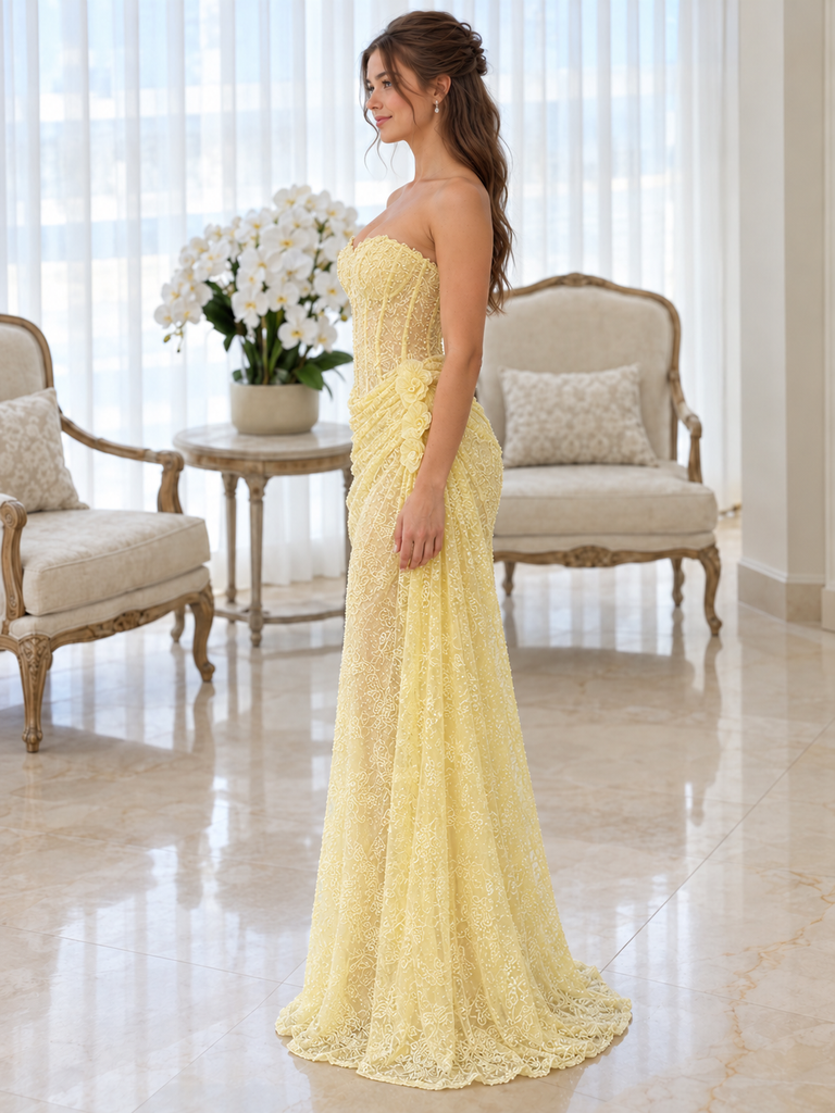 Classy Yellow Strapless Floral Lace Corset Long Prom Dress,OLP2469