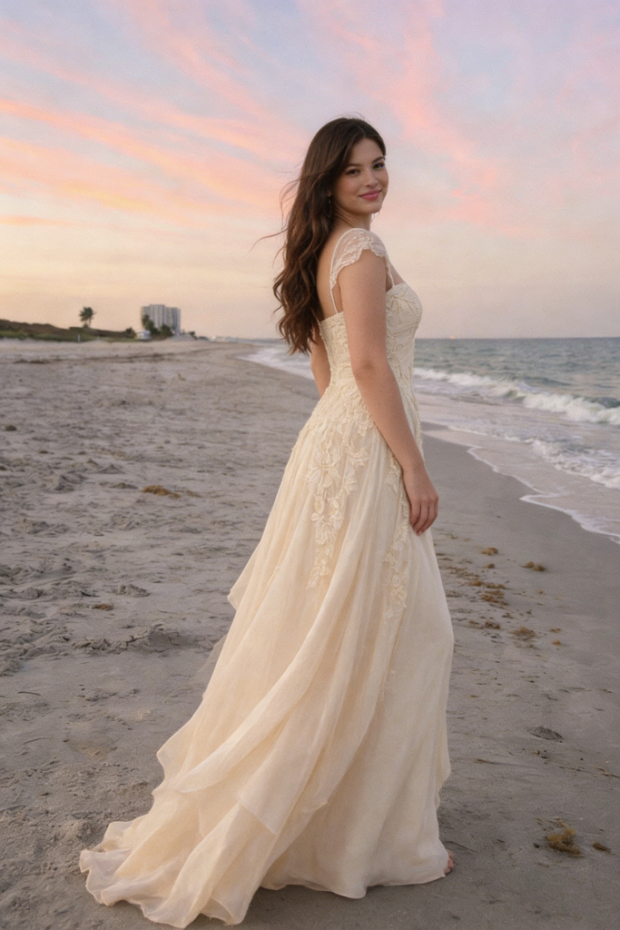 Elegant Champagne Tulle Prom Dress Cap Sleeve Floral Lace Applique Gown,OLP2128
