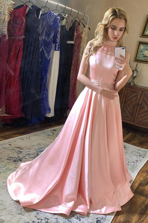 Elegant Pink High-Neck A-Line Long Prom Dress Ideas, Evening Party Dresses, OLP1491