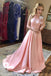 Elegant Pink High-Neck A-Line Long Prom Dress Ideas, Evening Party Dresses, OLP1491