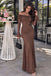 Pretty Brown Off-Shoulder Glitter Maxi Prom Dress Ruched Long Sleeves,OLP2438