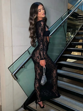 Sexy Black Lace Long Sleeve Mermaid Long Prom Dress Ideas, Evening Party Dresses, OLP1587